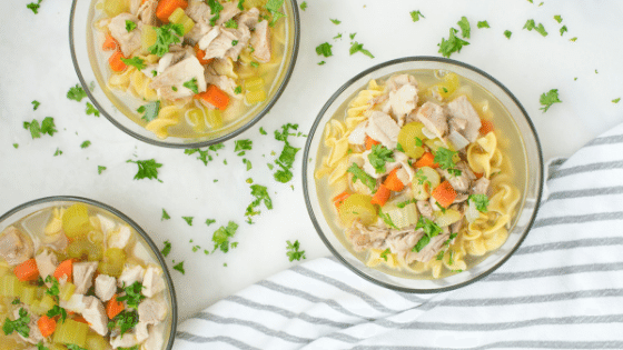 Grandma's chicken noodle soup recipe ready to eat in bowls. 