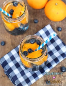 A great way to flavor water two glasses of water with slicked oranges and blueberries sitting on a blue checkered tablecloth for a picnic. 