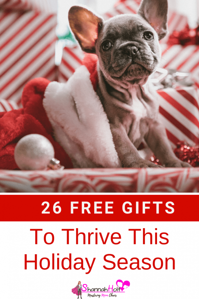 Little dog all decked out in holiday attire surrounded by Christmas decor with text 26 Free Gifts to Thrive this Holiday Season. 
