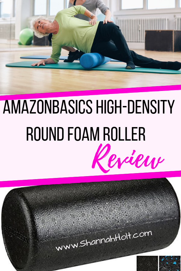 Woman using foam rolling for pain relief, more flexibility and mobility. Read the  AmazonBasics High-Density Round Foam Roller Review. 