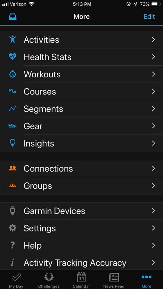 Garmin Vivofit Activitiy Tracker on the My connect app listing the different things you can track like workouts sleep and more. 