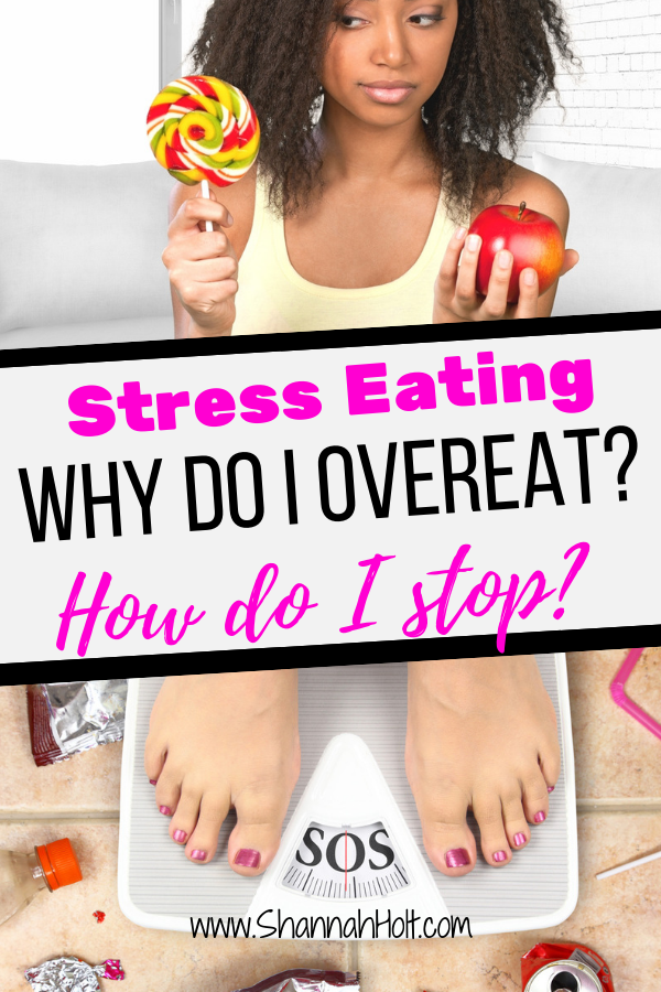 Woman choosing between an apple or a sucker Stress Eating Why do I do I stop? Emotional eating makes stepping on the scale much harder.