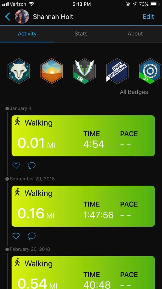 My connection app on my phone that syncs with my garmin vivofit fitness tracker and displays different activities it is tracking today.
