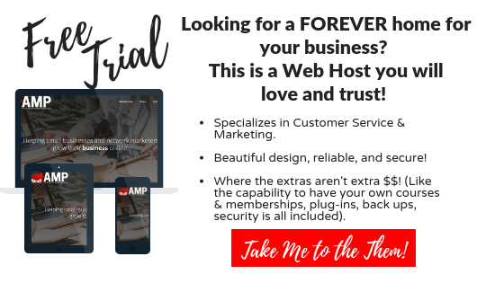 Looking for a FOREVER home for your business? This is a Web Host you will love and trust! Get a Free Trial with Amp Attraction Marketing Project. They Specializes in Customer Service & Marketing. Beautiful design, reliable, and secure! Where the extras aren't extra $$! (Like the capability to have your own courses & memberships, plug-ins, back ups, security is all included). 